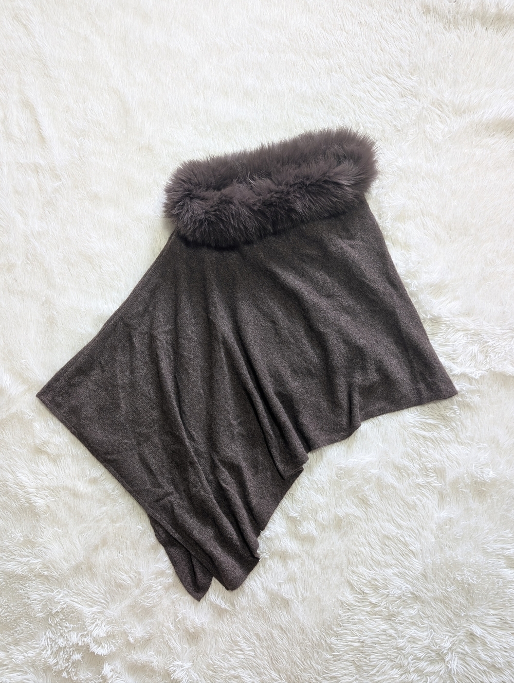 Alashan 100% Cashmere Fox Trim Brown Poncho Topper Lightweight Sweater - Picture 3 of 12